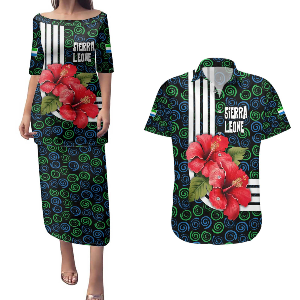 Sierra Leone Couples Matching Puletasi and Hawaiian Shirt with Red Hibiscus Floral Design and Tribal Swirl Pattern