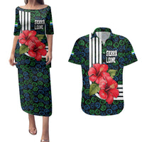 Sierra Leone Couples Matching Puletasi and Hawaiian Shirt with Red Hibiscus Floral Design and Tribal Swirl Pattern