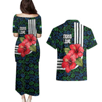 Sierra Leone Couples Matching Puletasi and Hawaiian Shirt with Red Hibiscus Floral Design and Tribal Swirl Pattern