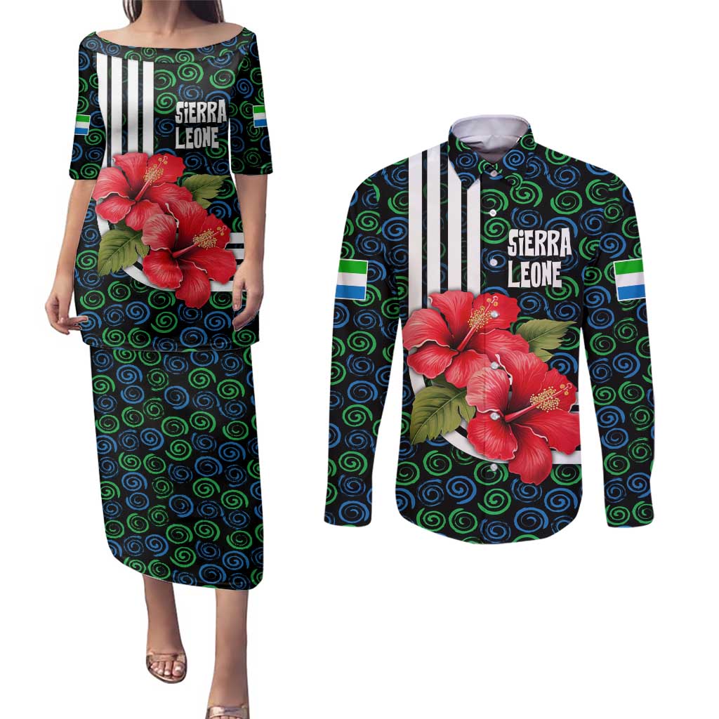 Sierra Leone Couples Matching Puletasi and Long Sleeve Button Shirt with Red Hibiscus Floral Design and Tribal Swirl Pattern