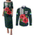 Sierra Leone Couples Matching Puletasi and Long Sleeve Button Shirt with Red Hibiscus Floral Design and Tribal Swirl Pattern
