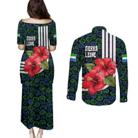 Sierra Leone Couples Matching Puletasi and Long Sleeve Button Shirt with Red Hibiscus Floral Design and Tribal Swirl Pattern