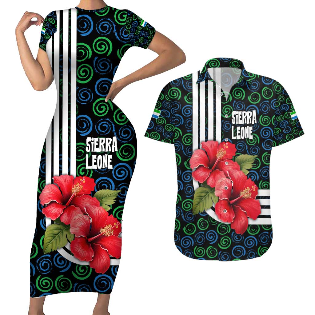 Sierra Leone Couples Matching Short Sleeve Bodycon Dress and Hawaiian Shirt with Red Hibiscus Floral Design and Tribal Swirl Pattern