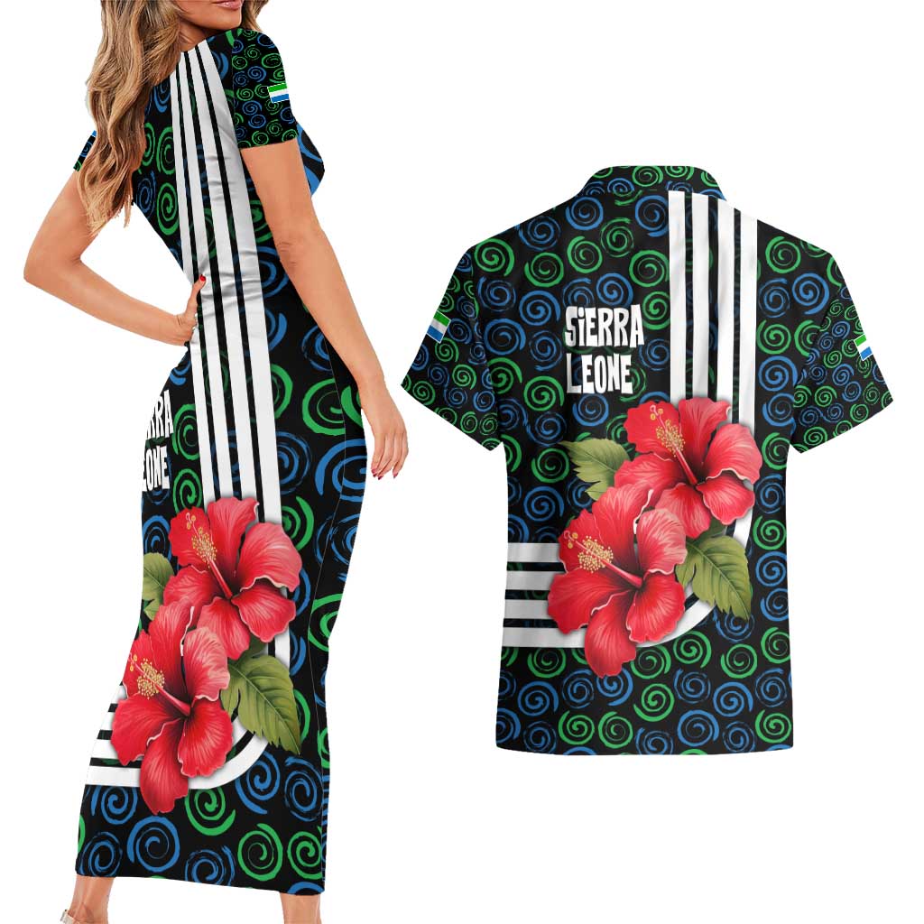 Sierra Leone Couples Matching Short Sleeve Bodycon Dress and Hawaiian Shirt with Red Hibiscus Floral Design and Tribal Swirl Pattern