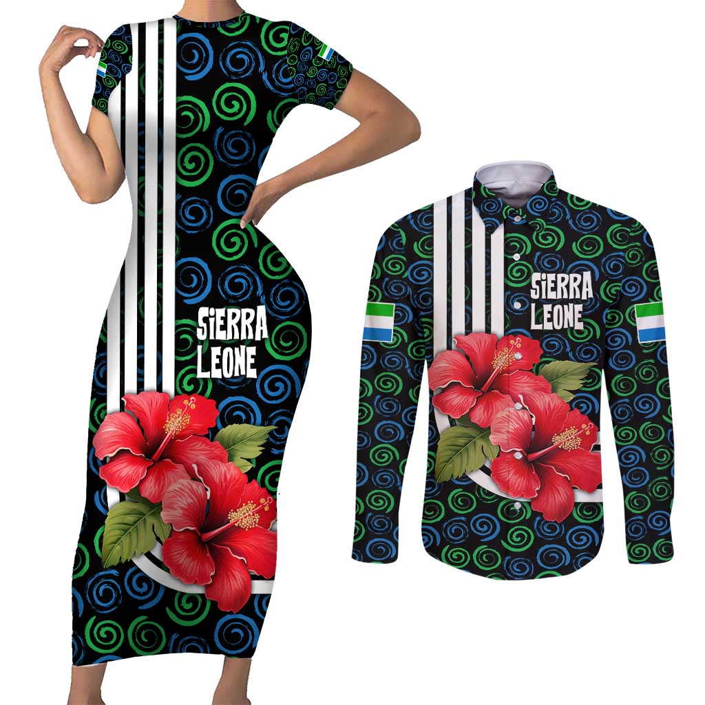 Sierra Leone Couples Matching Short Sleeve Bodycon Dress and Long Sleeve Button Shirt with Red Hibiscus Floral Design and Tribal Swirl Pattern