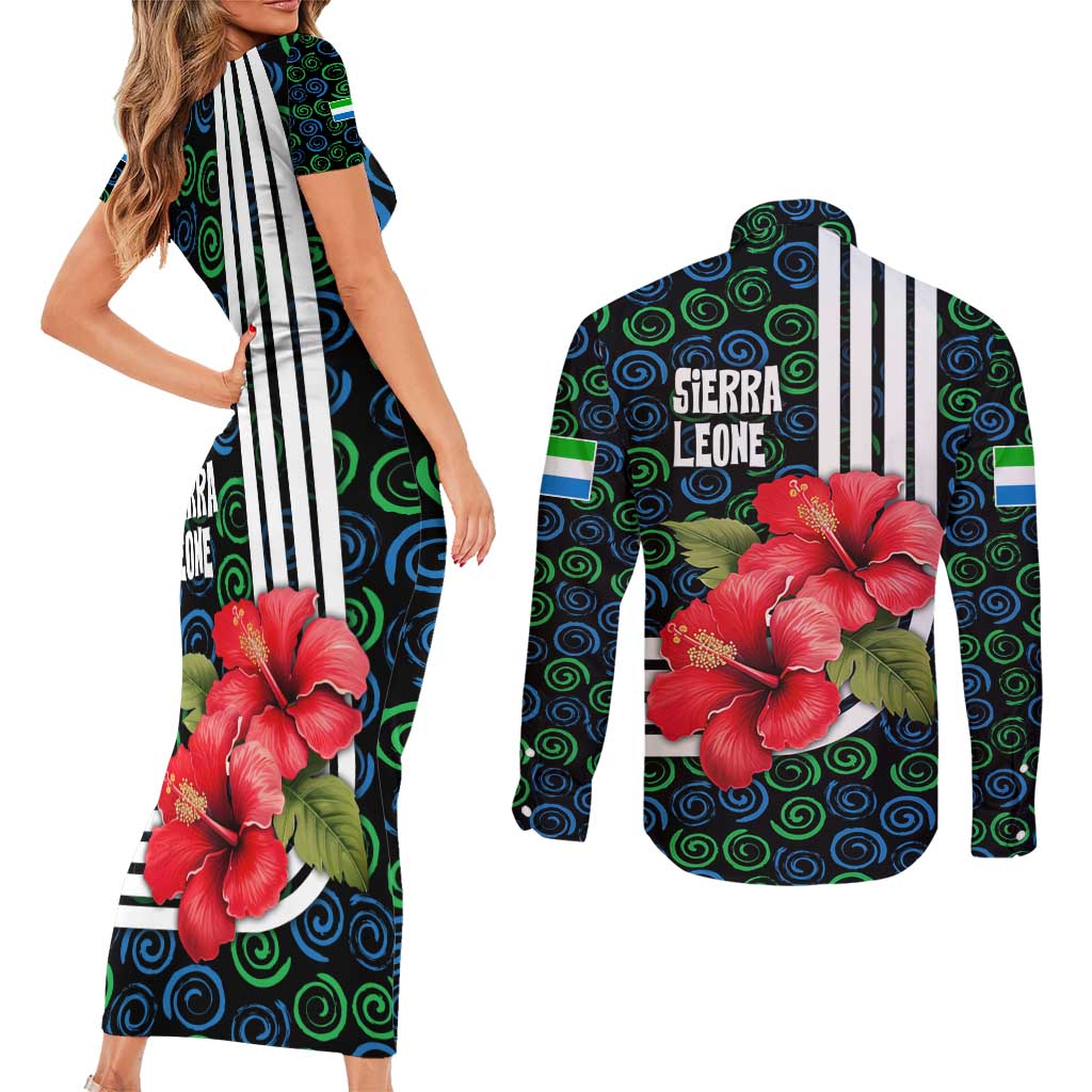 Sierra Leone Couples Matching Short Sleeve Bodycon Dress and Long Sleeve Button Shirt with Red Hibiscus Floral Design and Tribal Swirl Pattern