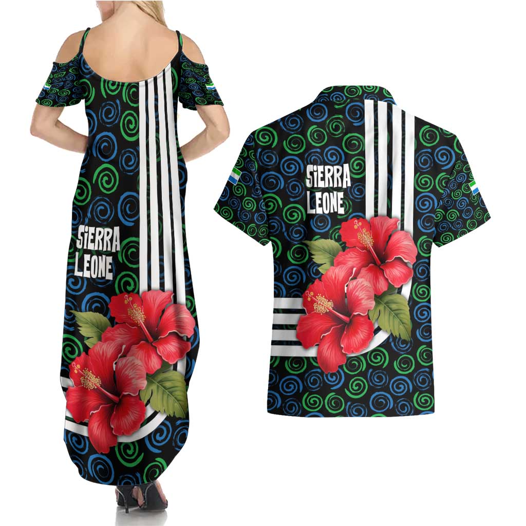 Sierra Leone Couples Matching Summer Maxi Dress and Hawaiian Shirt with Red Hibiscus Floral Design and Tribal Swirl Pattern