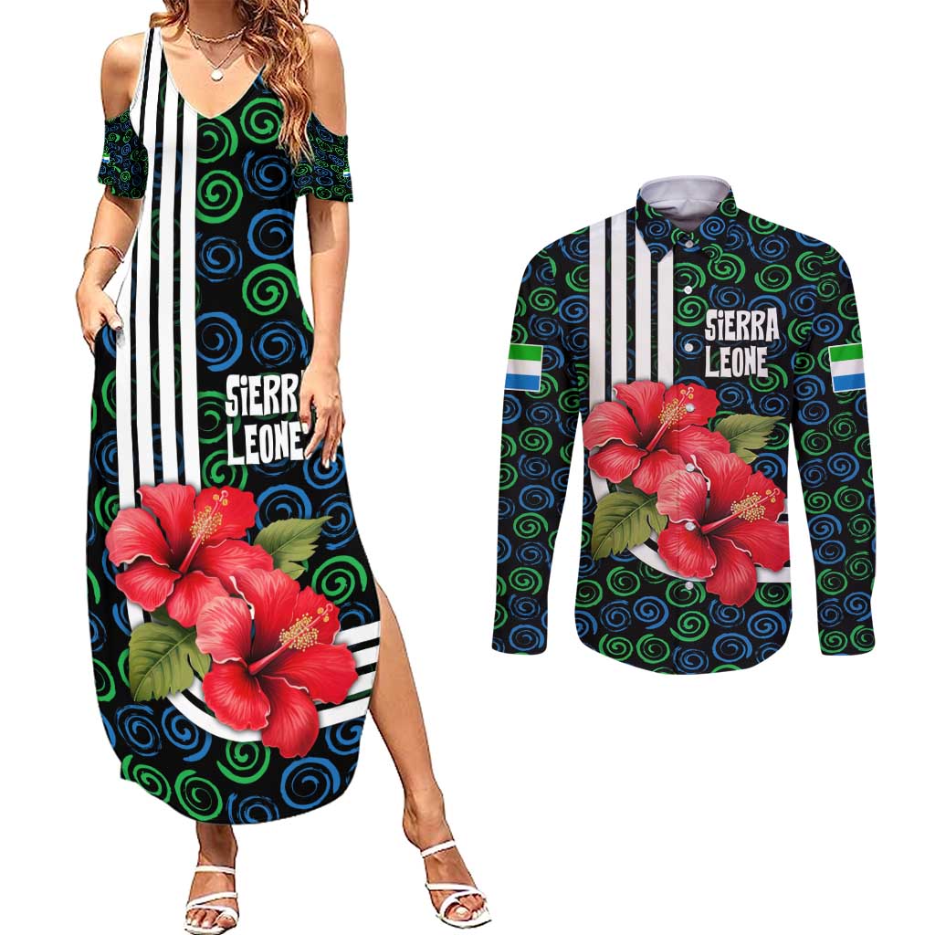 Sierra Leone Couples Matching Summer Maxi Dress and Long Sleeve Button Shirt with Red Hibiscus Floral Design and Tribal Swirl Pattern
