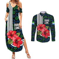 Sierra Leone Couples Matching Summer Maxi Dress and Long Sleeve Button Shirt with Red Hibiscus Floral Design and Tribal Swirl Pattern