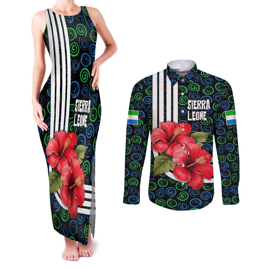 Sierra Leone Couples Matching Tank Maxi Dress and Long Sleeve Button Shirt with Red Hibiscus Floral Design and Tribal Swirl Pattern
