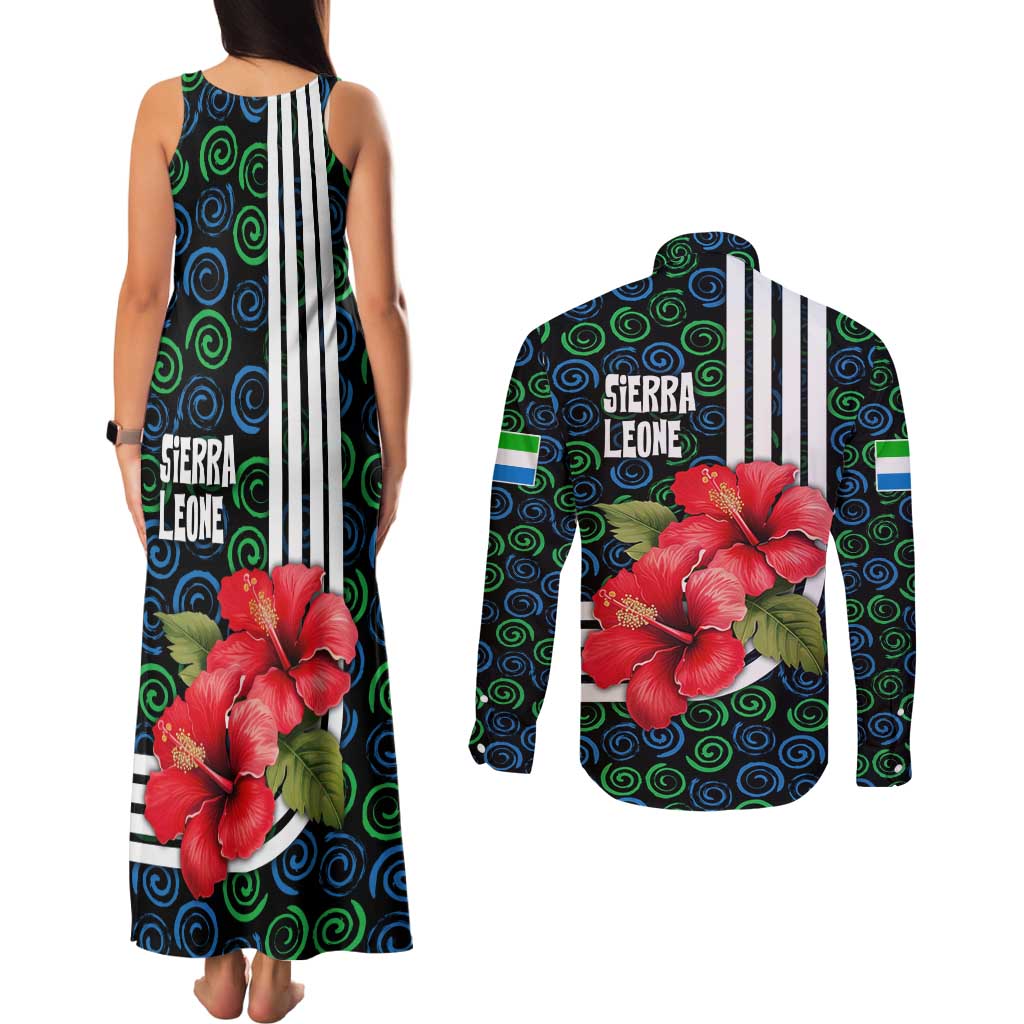 Sierra Leone Couples Matching Tank Maxi Dress and Long Sleeve Button Shirt with Red Hibiscus Floral Design and Tribal Swirl Pattern