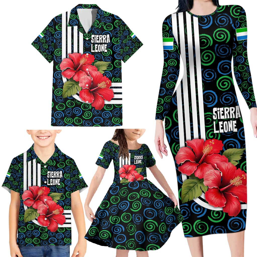 Sierra Leone Family Matching Long Sleeve Bodycon Dress and Hawaiian Shirt with Red Hibiscus Floral Design and Tribal Swirl Pattern