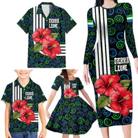Sierra Leone Family Matching Long Sleeve Bodycon Dress and Hawaiian Shirt with Red Hibiscus Floral Design and Tribal Swirl Pattern