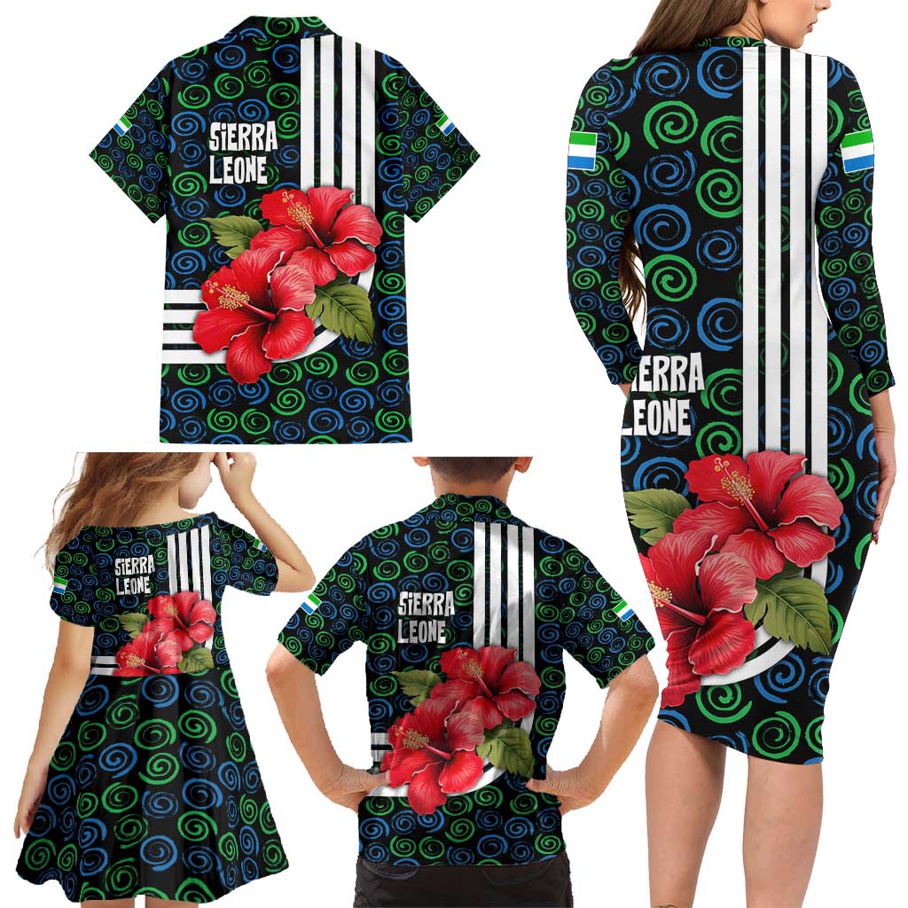Sierra Leone Family Matching Long Sleeve Bodycon Dress and Hawaiian Shirt with Red Hibiscus Floral Design and Tribal Swirl Pattern