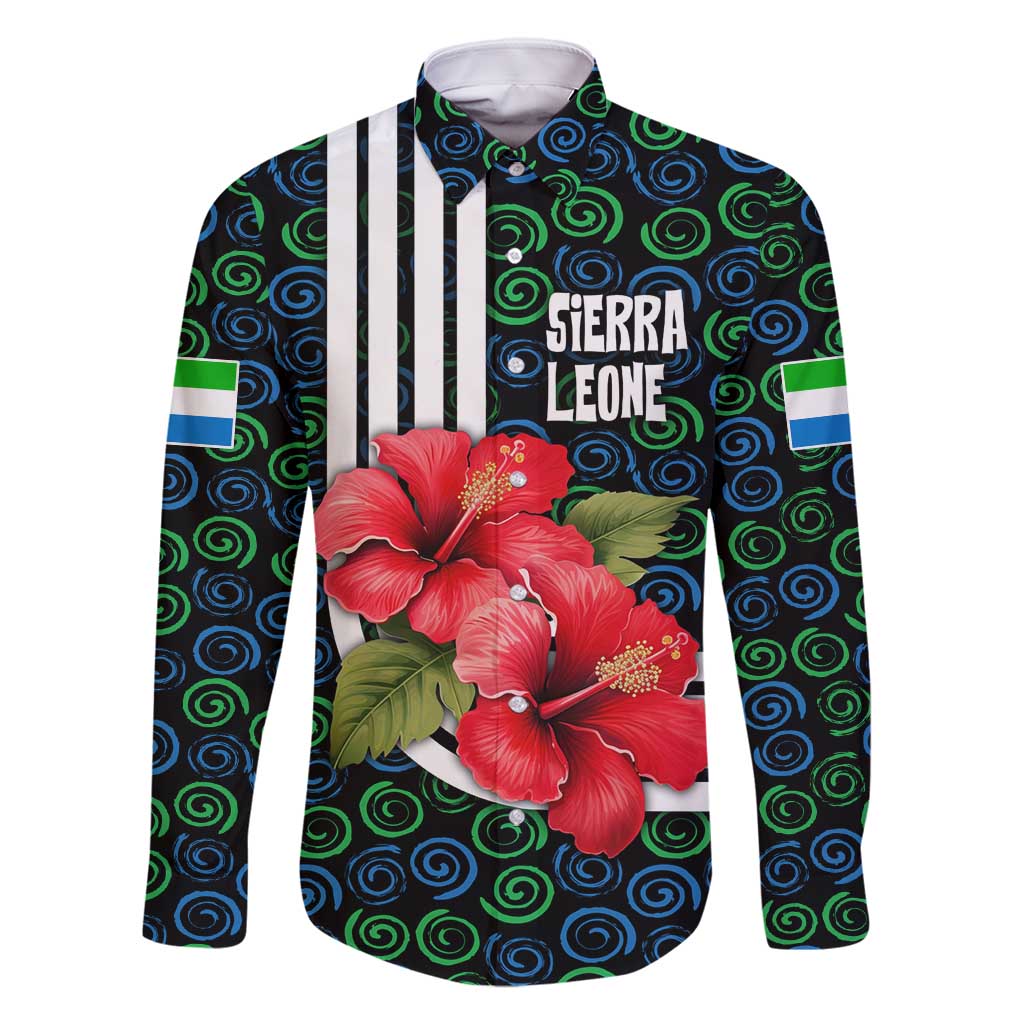 Sierra Leone Family Matching Long Sleeve Bodycon Dress and Hawaiian Shirt with Red Hibiscus Floral Design and Tribal Swirl Pattern