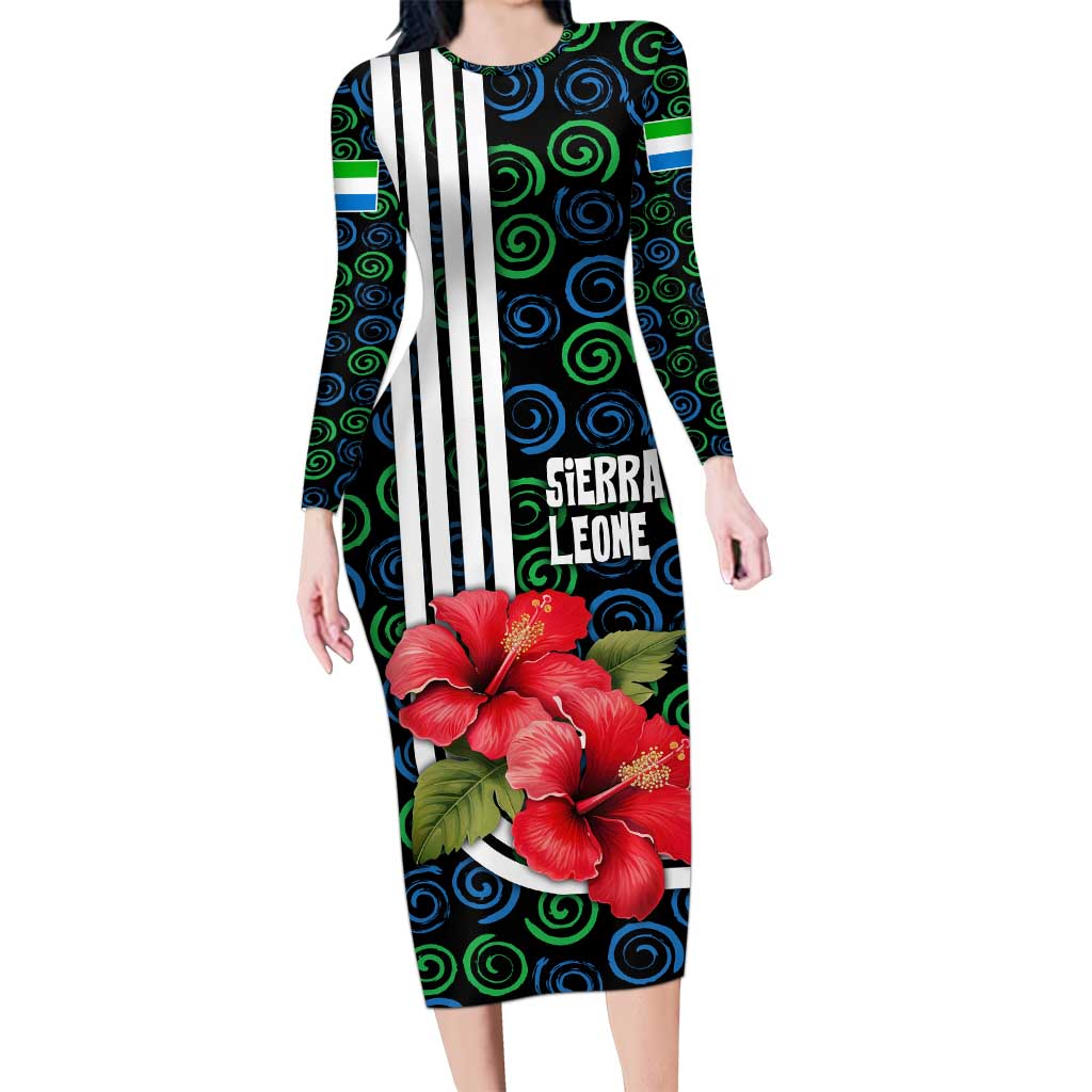 Sierra Leone Family Matching Long Sleeve Bodycon Dress and Hawaiian Shirt with Red Hibiscus Floral Design and Tribal Swirl Pattern