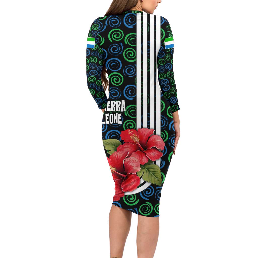 Sierra Leone Family Matching Long Sleeve Bodycon Dress and Hawaiian Shirt with Red Hibiscus Floral Design and Tribal Swirl Pattern