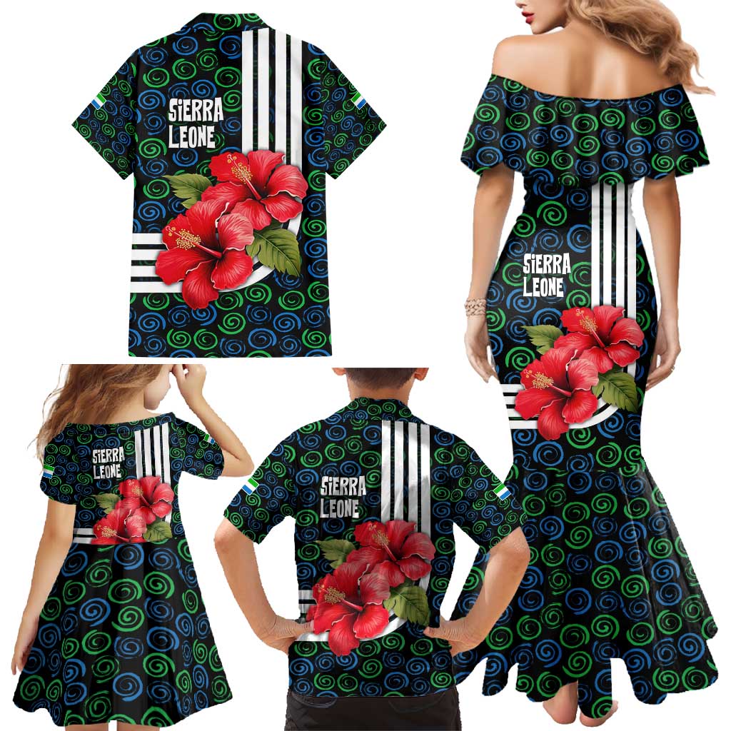 Sierra Leone Family Matching Mermaid Dress and Hawaiian Shirt with Red Hibiscus Floral Design and Tribal Swirl Pattern