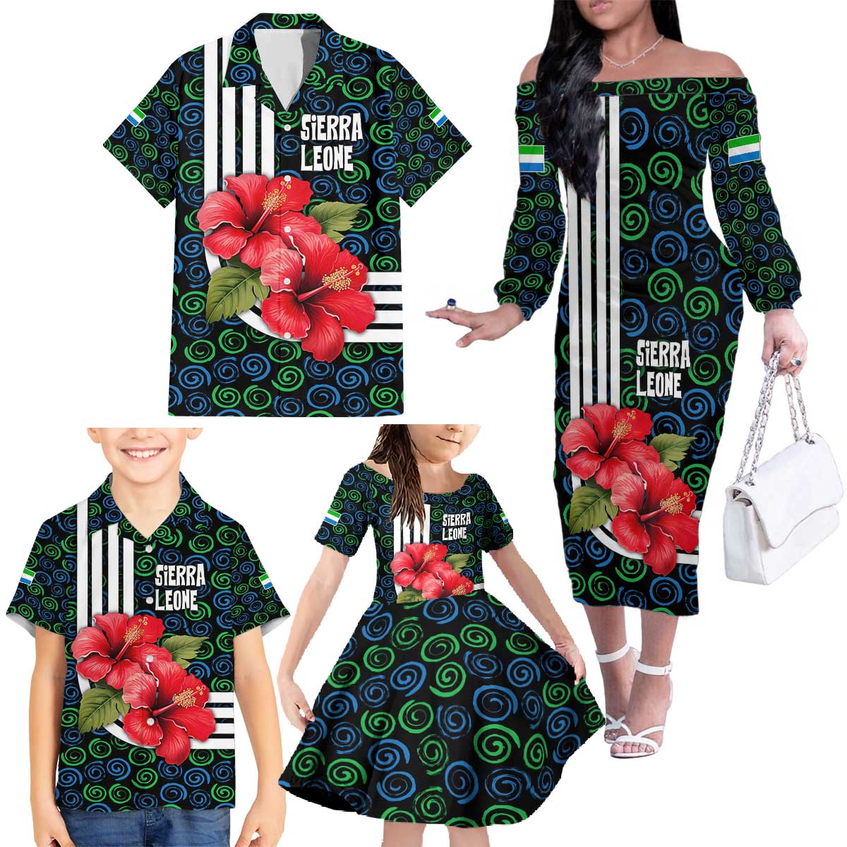 Sierra Leone Family Matching Off The Shoulder Long Sleeve Dress and Hawaiian Shirt with Red Hibiscus Floral Design and Tribal Swirl Pattern