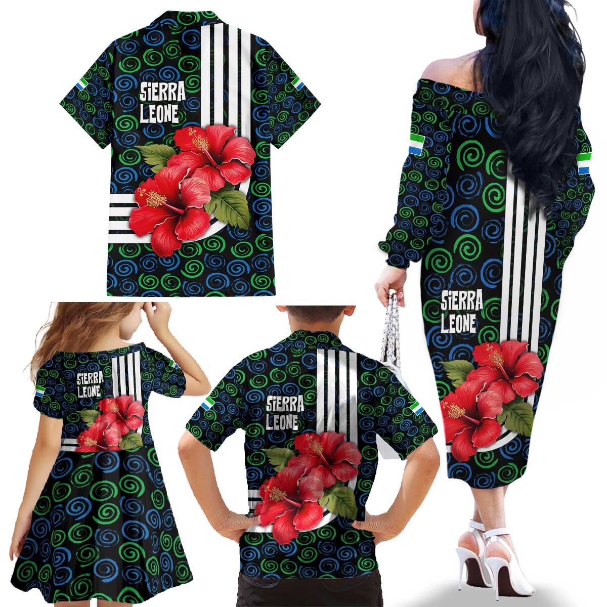 Sierra Leone Family Matching Off The Shoulder Long Sleeve Dress and Hawaiian Shirt with Red Hibiscus Floral Design and Tribal Swirl Pattern