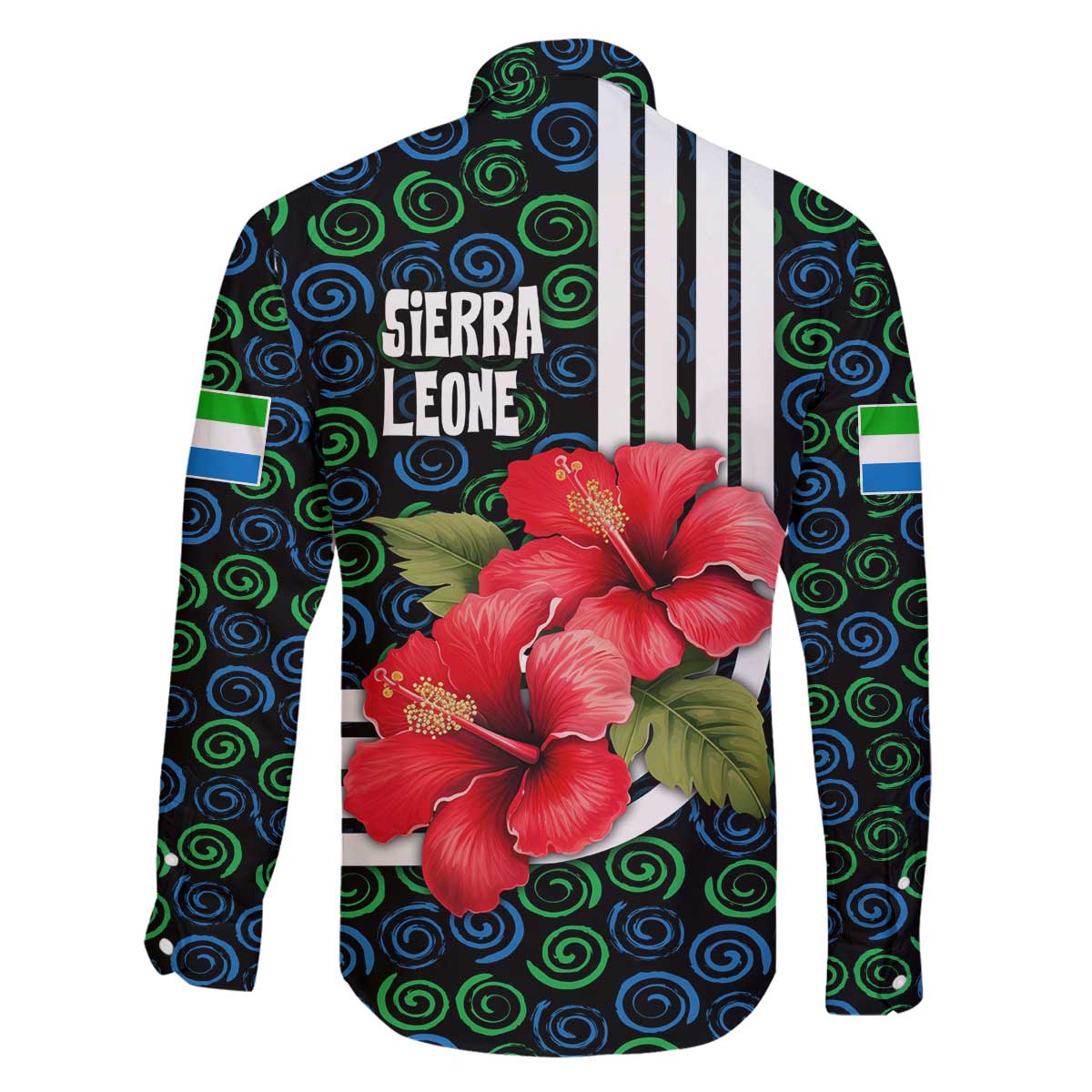 Sierra Leone Family Matching Off The Shoulder Long Sleeve Dress and Hawaiian Shirt with Red Hibiscus Floral Design and Tribal Swirl Pattern