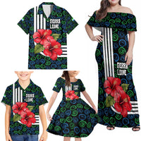 Sierra Leone Family Matching Off Shoulder Maxi Dress and Hawaiian Shirt with Red Hibiscus Floral Design and Tribal Swirl Pattern