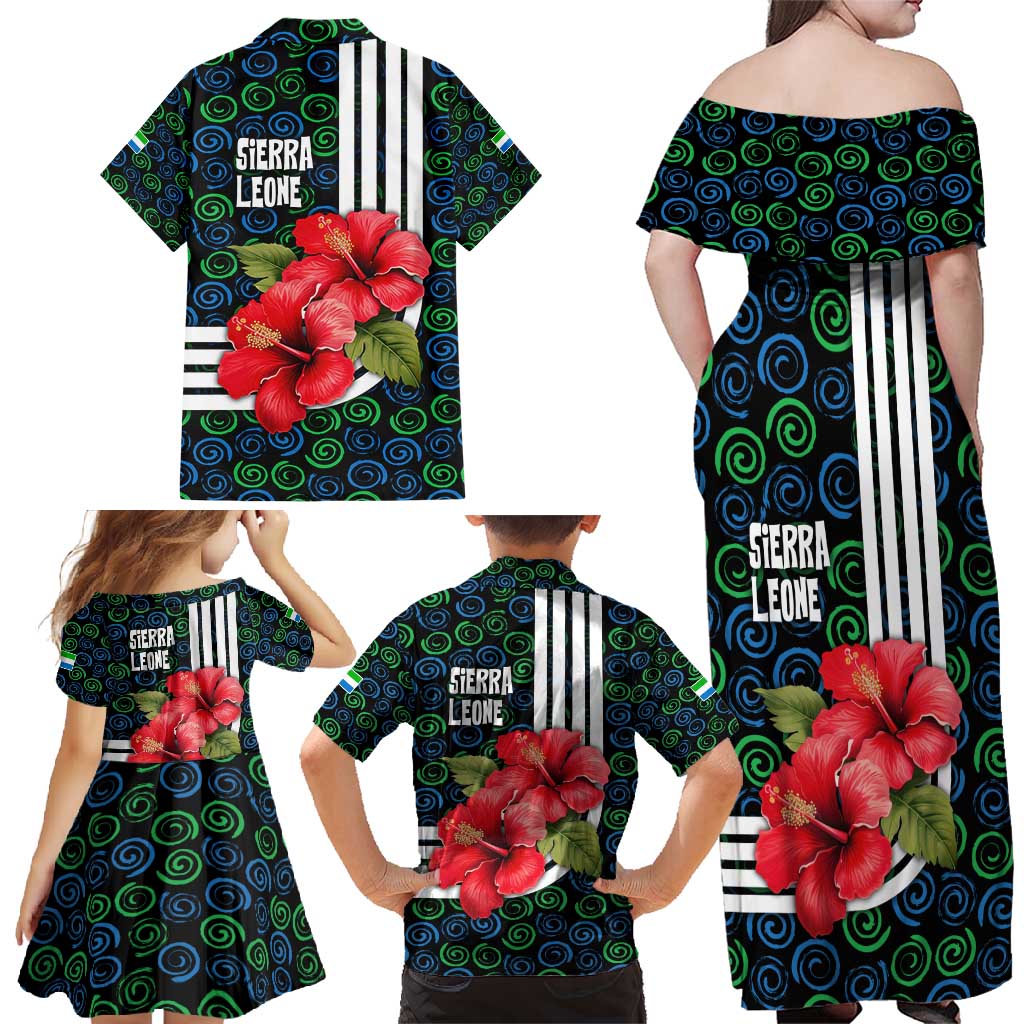 Sierra Leone Family Matching Off Shoulder Maxi Dress and Hawaiian Shirt with Red Hibiscus Floral Design and Tribal Swirl Pattern