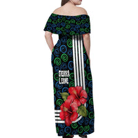 Sierra Leone Family Matching Off Shoulder Maxi Dress and Hawaiian Shirt with Red Hibiscus Floral Design and Tribal Swirl Pattern