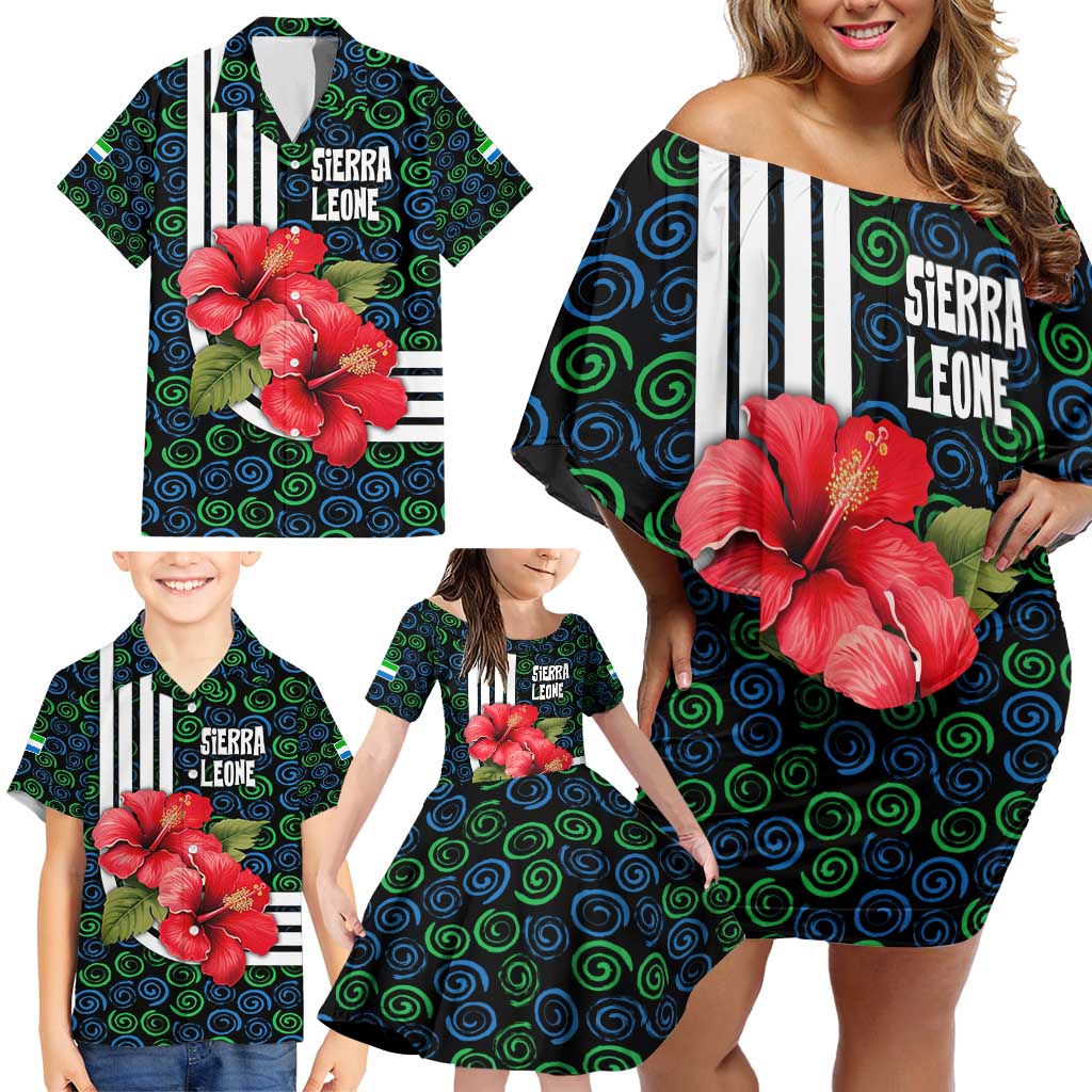 Sierra Leone Family Matching Off Shoulder Short Dress and Hawaiian Shirt with Red Hibiscus Floral Design and Tribal Swirl Pattern