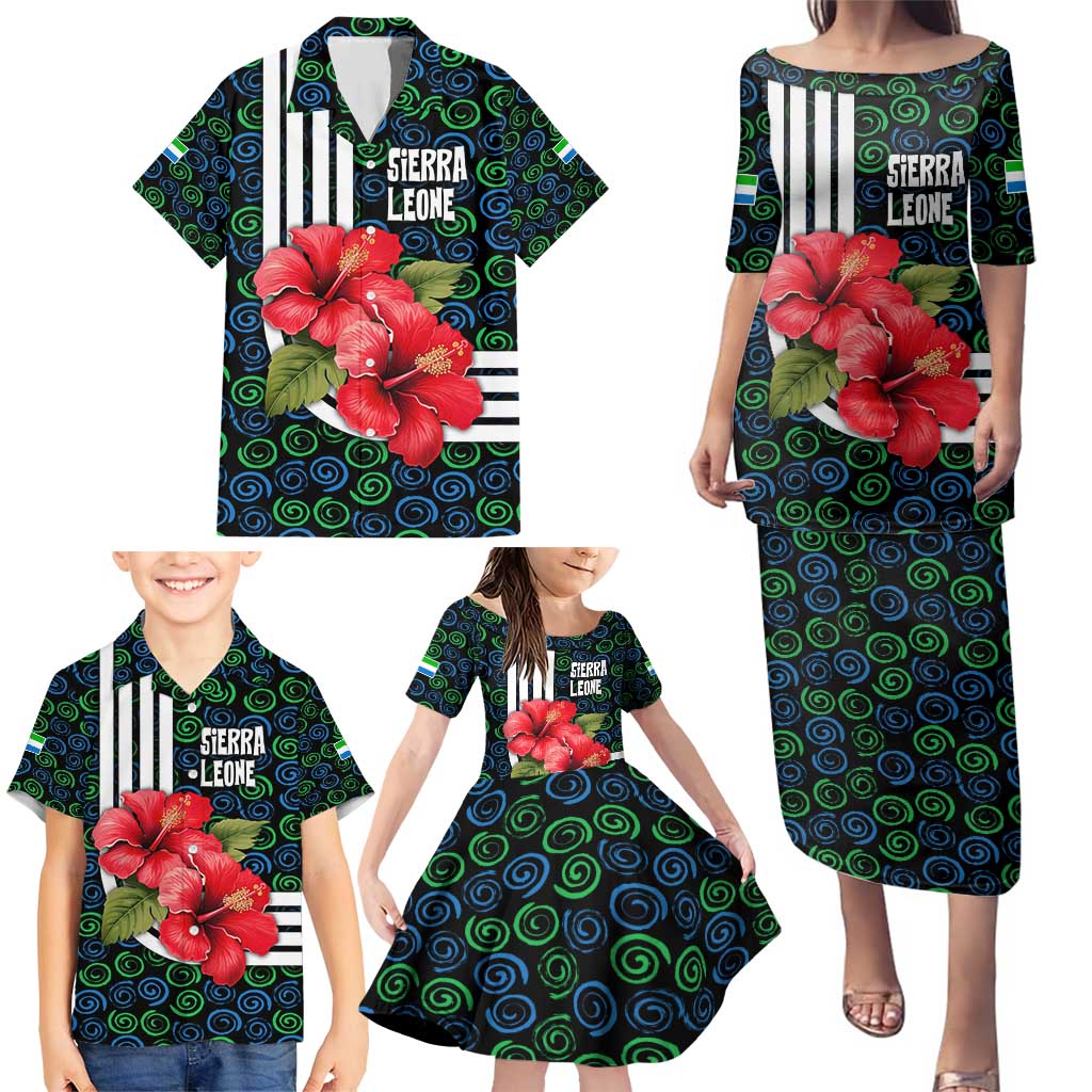 Sierra Leone Family Matching Puletasi and Hawaiian Shirt with Red Hibiscus Floral Design and Tribal Swirl Pattern