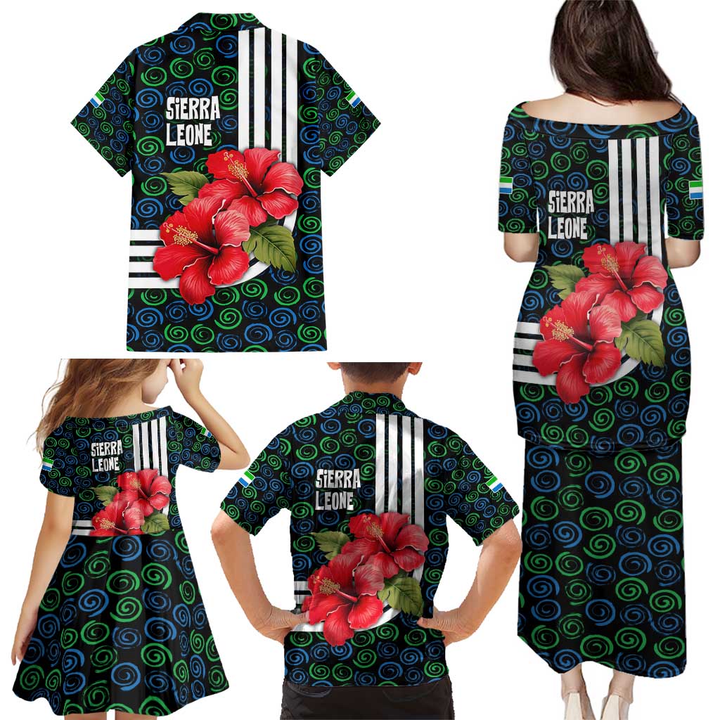 Sierra Leone Family Matching Puletasi and Hawaiian Shirt with Red Hibiscus Floral Design and Tribal Swirl Pattern