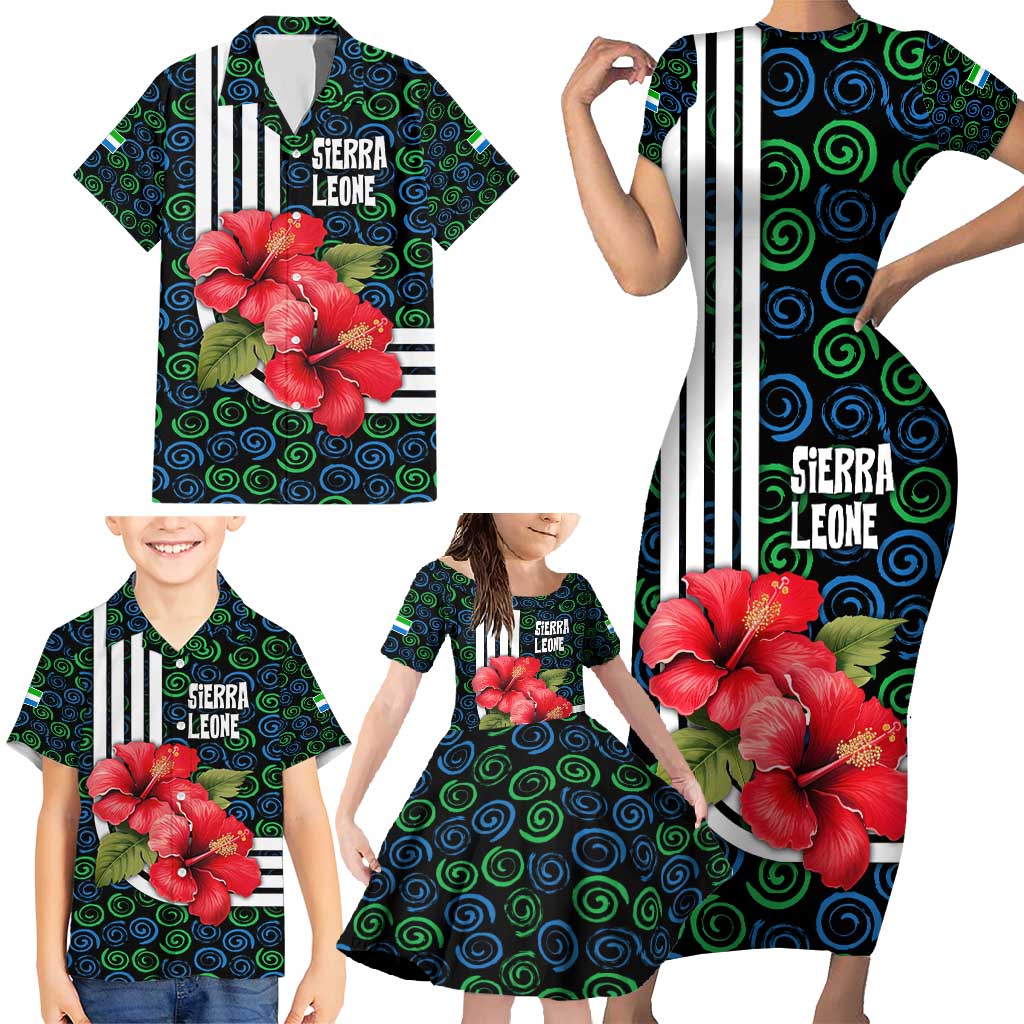 Sierra Leone Family Matching Short Sleeve Bodycon Dress and Hawaiian Shirt with Red Hibiscus Floral Design and Tribal Swirl Pattern