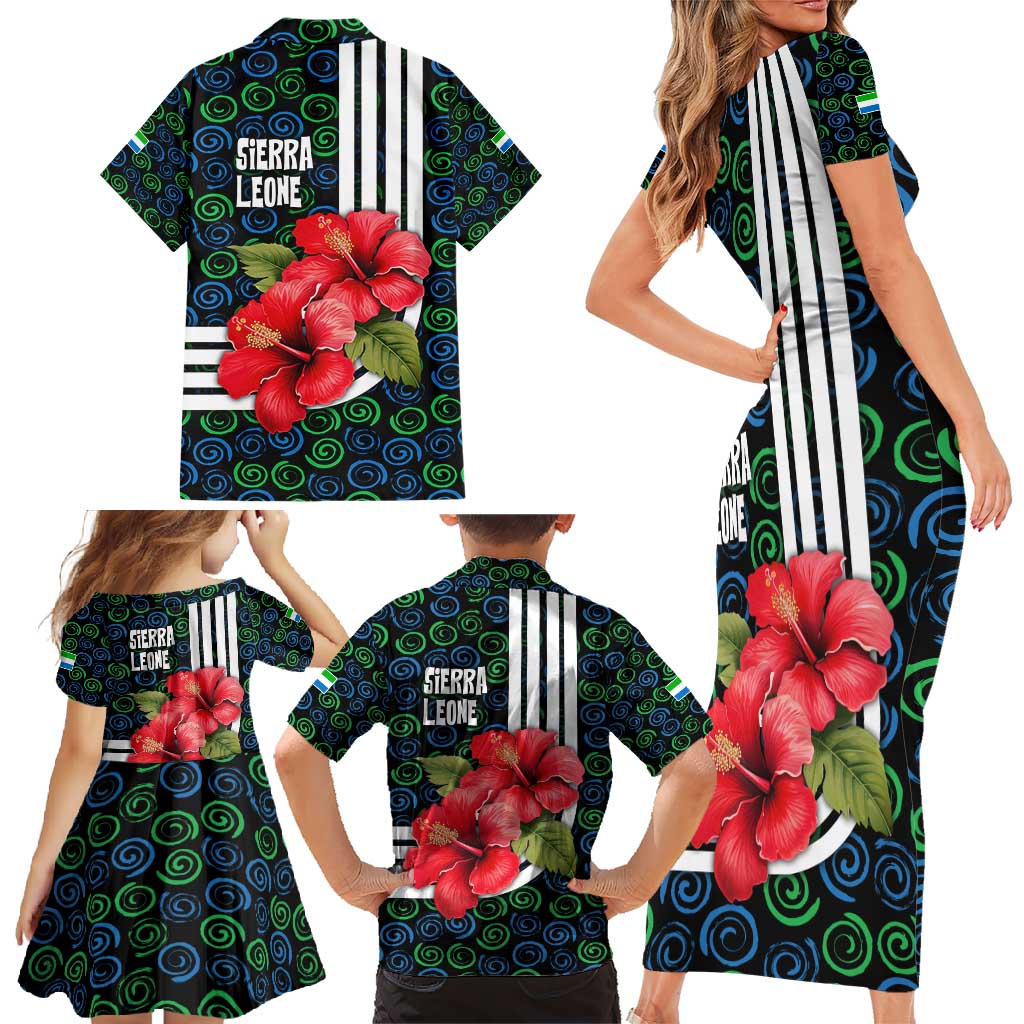 Sierra Leone Family Matching Short Sleeve Bodycon Dress and Hawaiian Shirt with Red Hibiscus Floral Design and Tribal Swirl Pattern