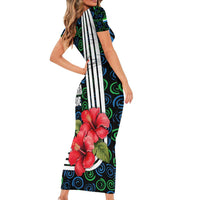 Sierra Leone Family Matching Short Sleeve Bodycon Dress and Hawaiian Shirt with Red Hibiscus Floral Design and Tribal Swirl Pattern