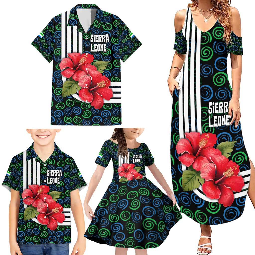Sierra Leone Family Matching Summer Maxi Dress and Hawaiian Shirt with Red Hibiscus Floral Design and Tribal Swirl Pattern