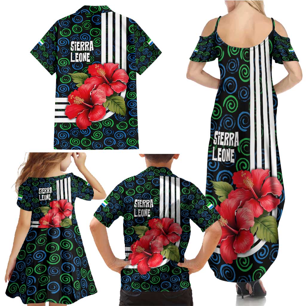 Sierra Leone Family Matching Summer Maxi Dress and Hawaiian Shirt with Red Hibiscus Floral Design and Tribal Swirl Pattern