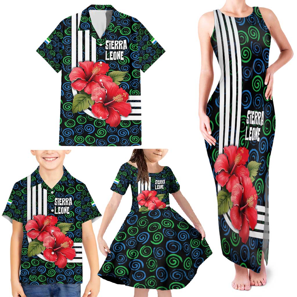 Sierra Leone Family Matching Tank Maxi Dress and Hawaiian Shirt with Red Hibiscus Floral Design and Tribal Swirl Pattern
