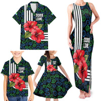 Sierra Leone Family Matching Tank Maxi Dress and Hawaiian Shirt with Red Hibiscus Floral Design and Tribal Swirl Pattern