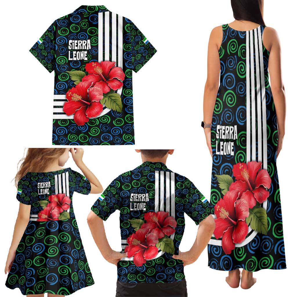 Sierra Leone Family Matching Tank Maxi Dress and Hawaiian Shirt with Red Hibiscus Floral Design and Tribal Swirl Pattern