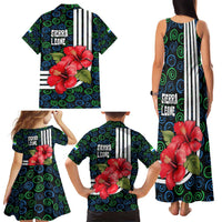 Sierra Leone Family Matching Tank Maxi Dress and Hawaiian Shirt with Red Hibiscus Floral Design and Tribal Swirl Pattern