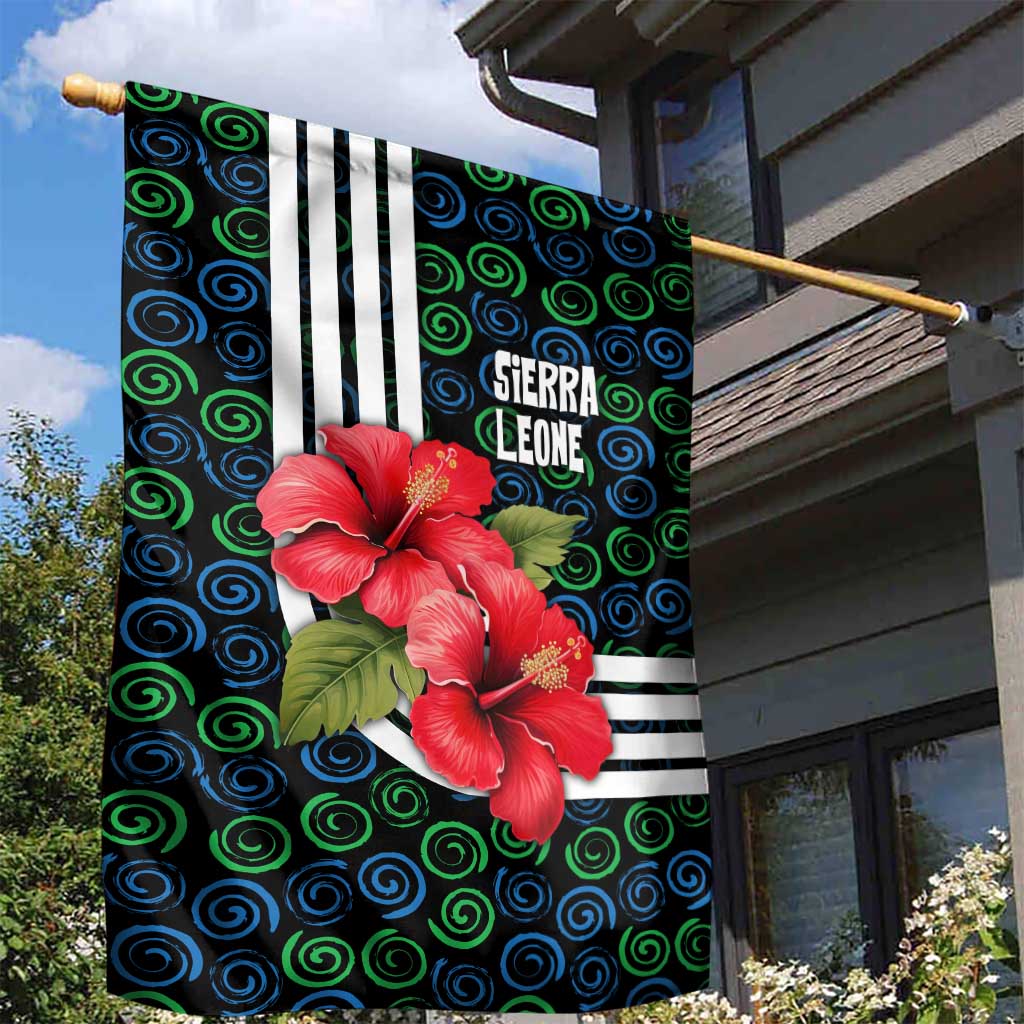 Sierra Leone Garden Flag with Red Hibiscus Floral Design and Tribal Swirl Pattern