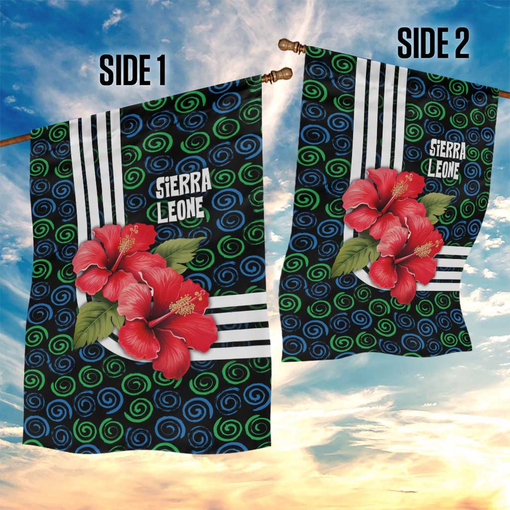 Sierra Leone Garden Flag with Red Hibiscus Floral Design and Tribal Swirl Pattern