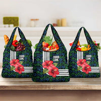 Sierra Leone Grocery Bag with Red Hibiscus Floral Design and Tribal Swirl Pattern