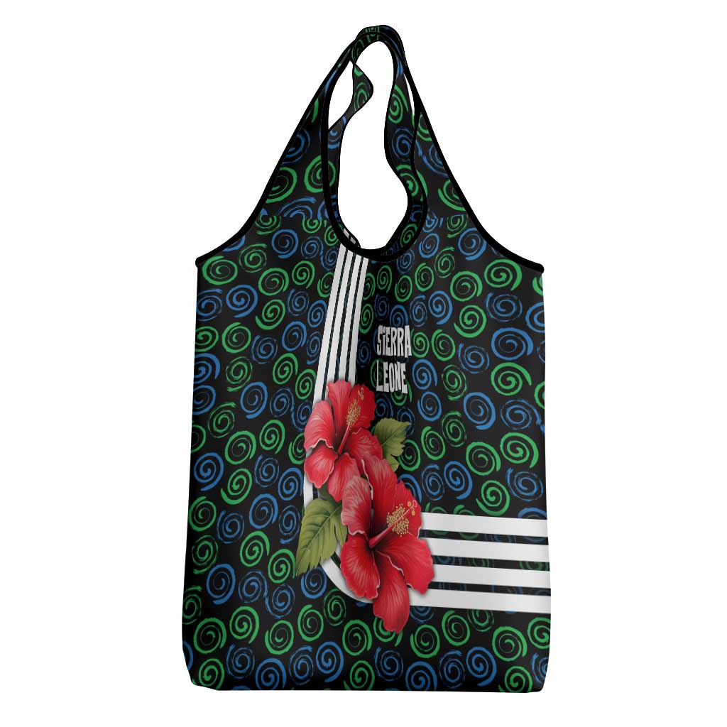 Sierra Leone Grocery Bag with Red Hibiscus Floral Design and Tribal Swirl Pattern