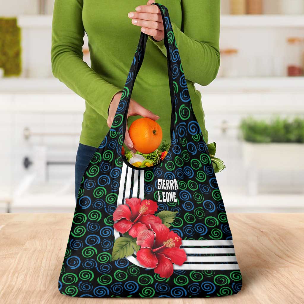 Sierra Leone Grocery Bag with Red Hibiscus Floral Design and Tribal Swirl Pattern