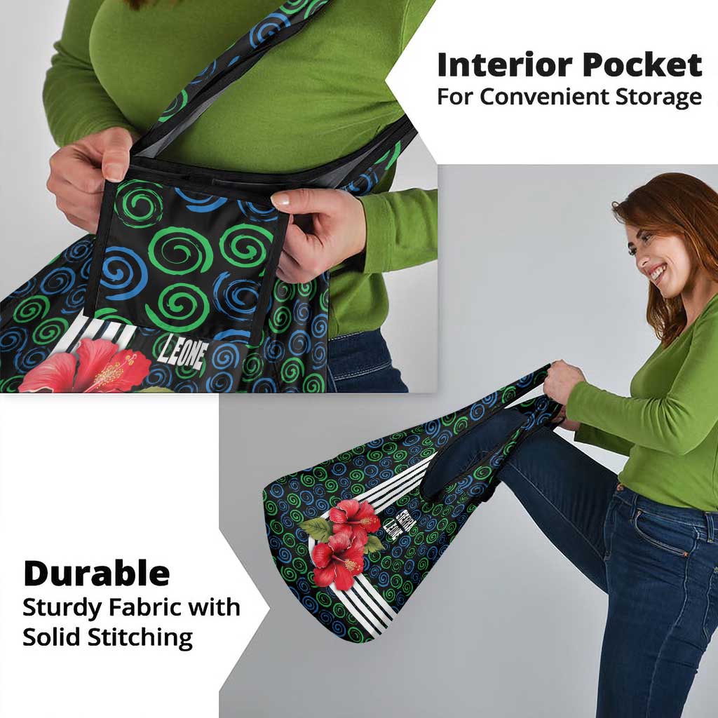 Sierra Leone Grocery Bag with Red Hibiscus Floral Design and Tribal Swirl Pattern