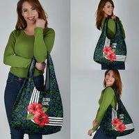 Sierra Leone Grocery Bag with Red Hibiscus Floral Design and Tribal Swirl Pattern