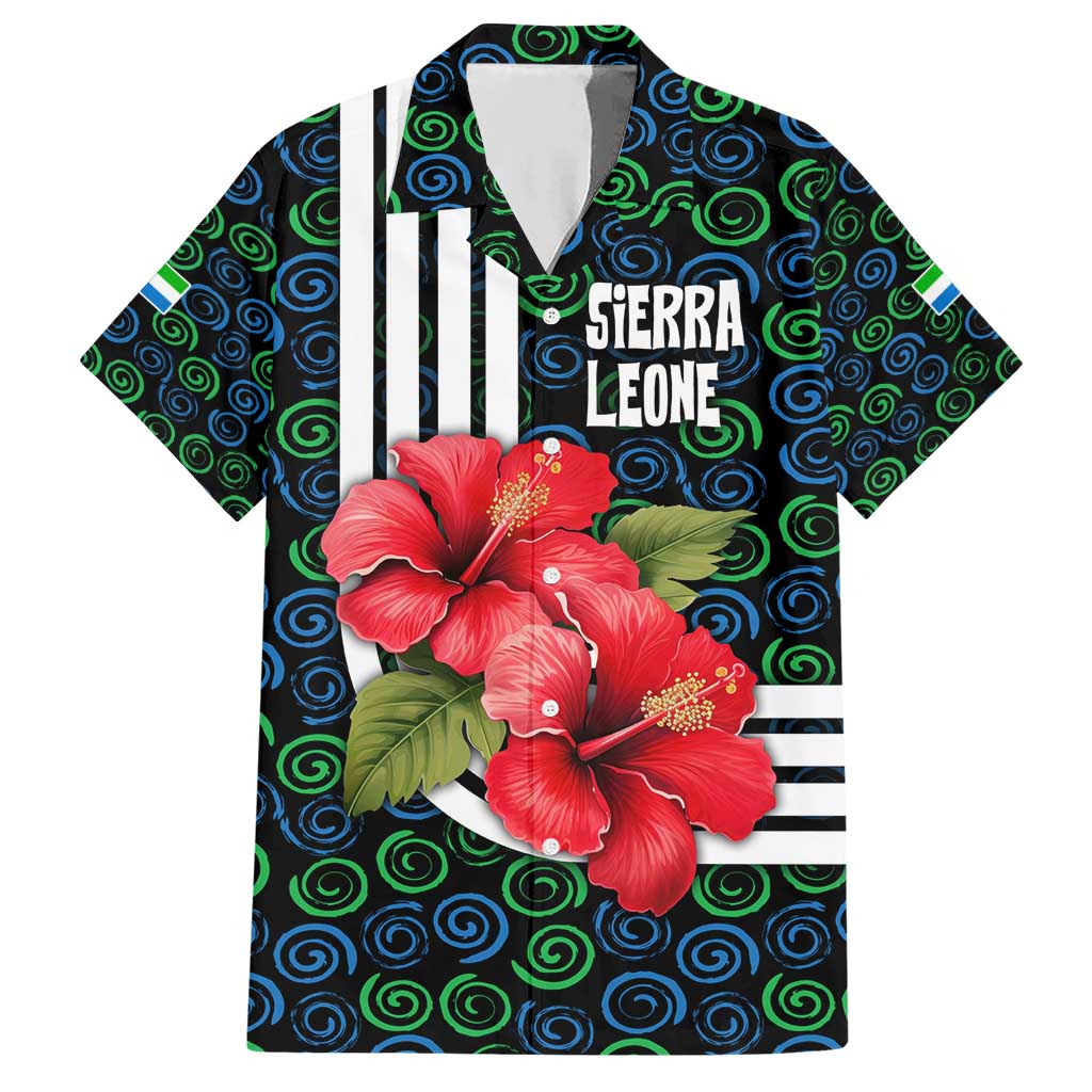 Sierra Leone Hawaiian Shirt with Red Hibiscus Floral Design and Tribal Swirl Pattern