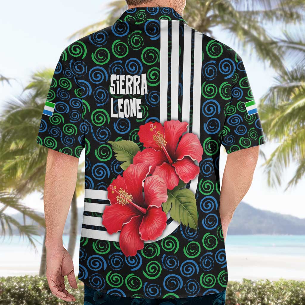 Sierra Leone Hawaiian Shirt with Red Hibiscus Floral Design and Tribal Swirl Pattern