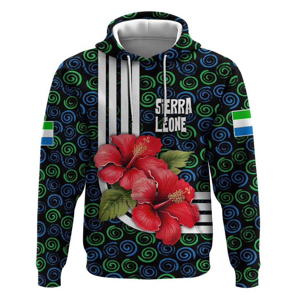Sierra Leone Hoodie with Red Hibiscus Floral Design and Tribal Swirl Pattern
